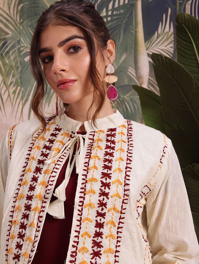  women self design cream cotton summer jacket - 22463326 -  Standard Image - 1