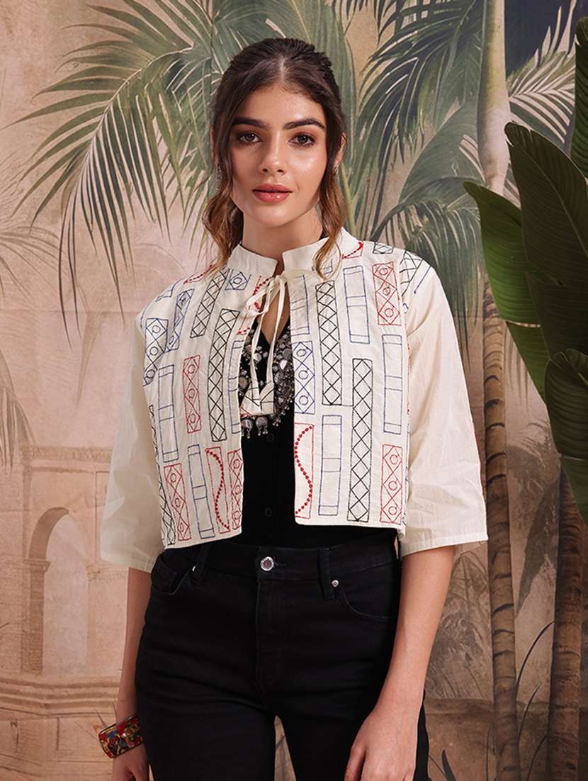 women self design cream cotton summer jacket