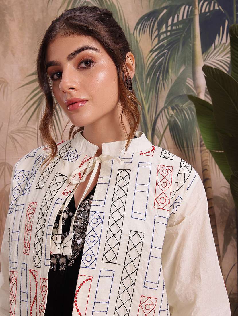 women self design cream cotton summer jacket - 22463327 -  Standard Image - 1