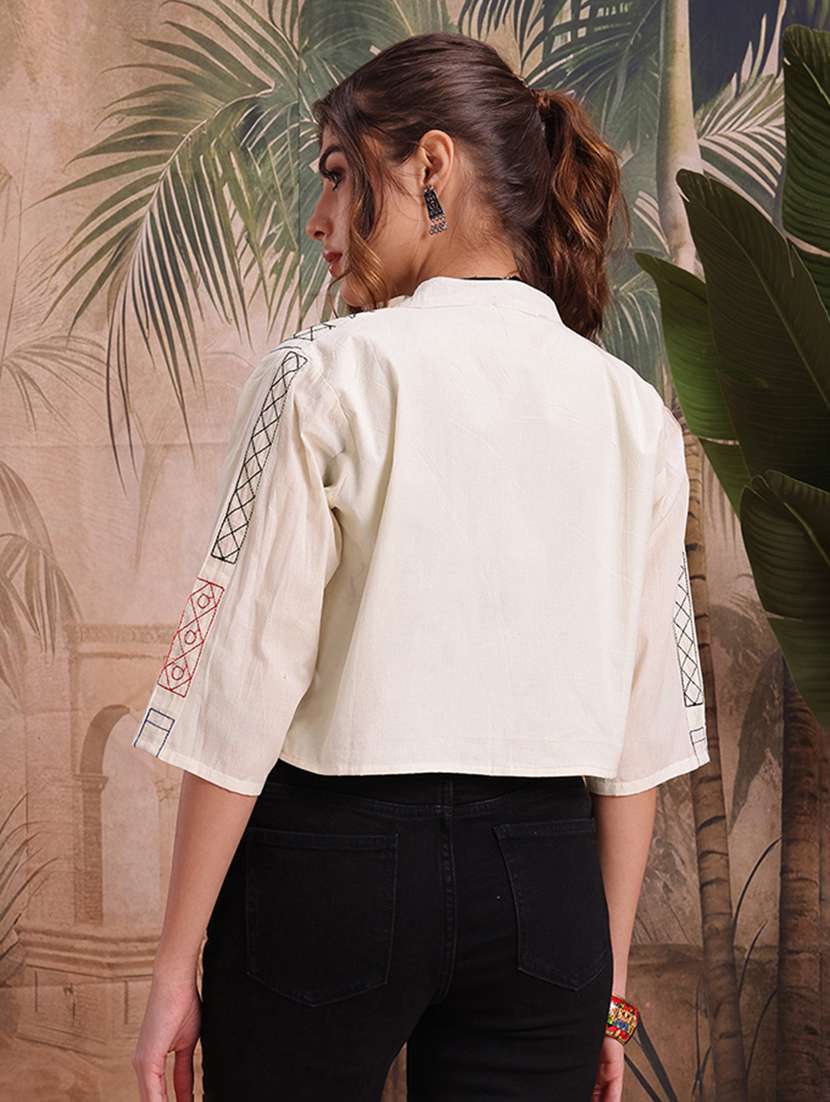 women self design cream cotton summer jacket - 22463327 -  Standard Image - 4