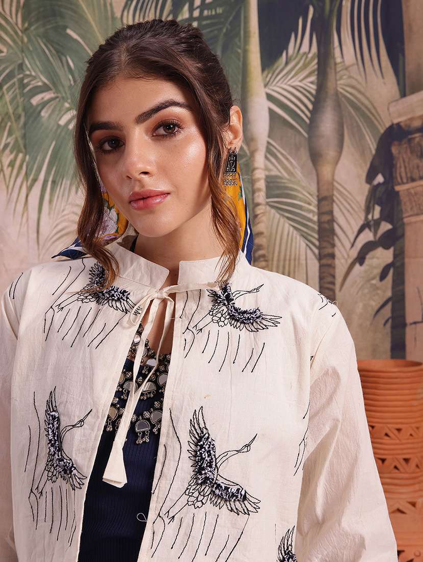 Women Self Design Cream Cotton Summer Jacket - 22463328 -  Standard Image - 1
