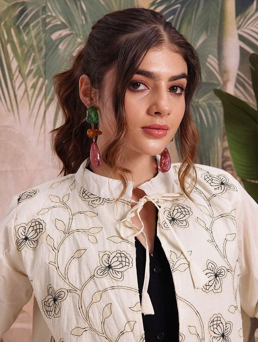 women self design cream cotton summer jacket - 22463329 -  Standard Image - 1