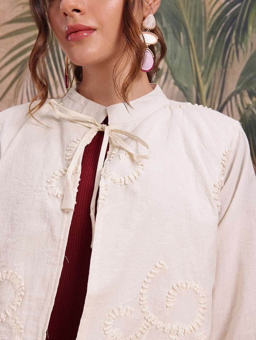 women self design cream cotton summer jacket - 22463330 -  Standard Image - 1