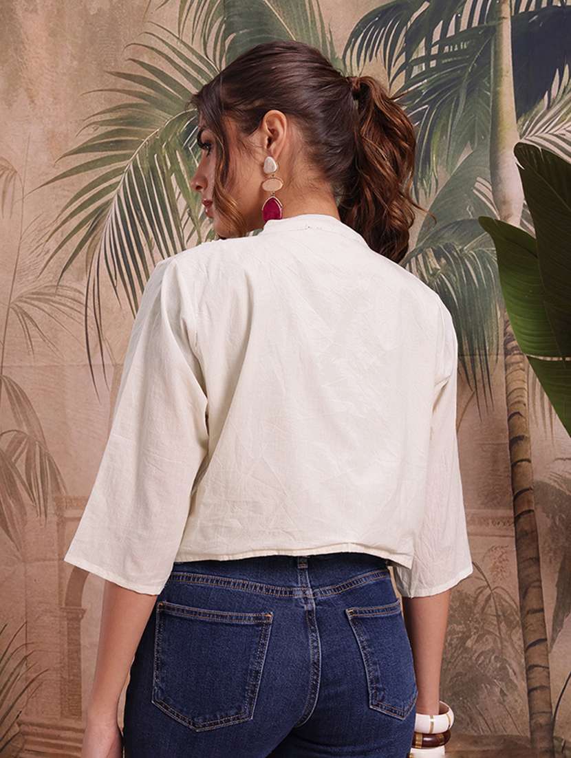 women self design cream cotton summer jacket - 22463330 -  Standard Image - 4