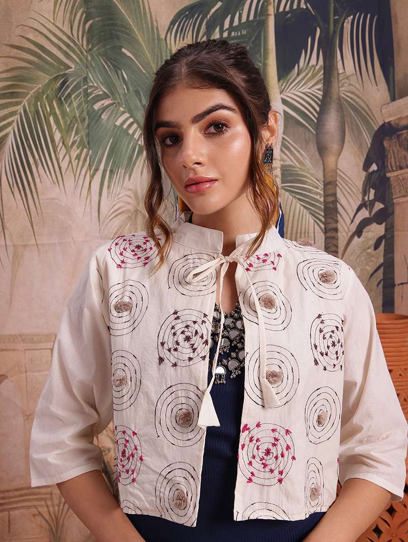women self design cream cotton summer jacket - 22463331 -  Standard Image - 1