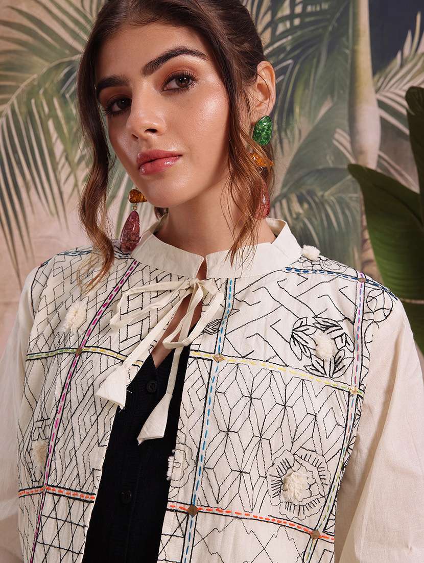 women self design cream cotton summer jacket - 22463332 -  Standard Image - 1