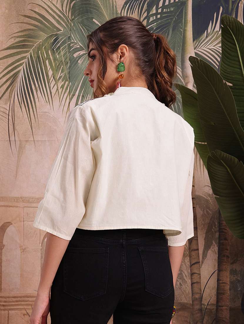 women self design cream cotton summer jacket - 22463332 -  Standard Image - 4