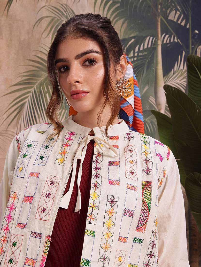 women self design cream cotton summer jacket - 22463333 -  Standard Image - 1