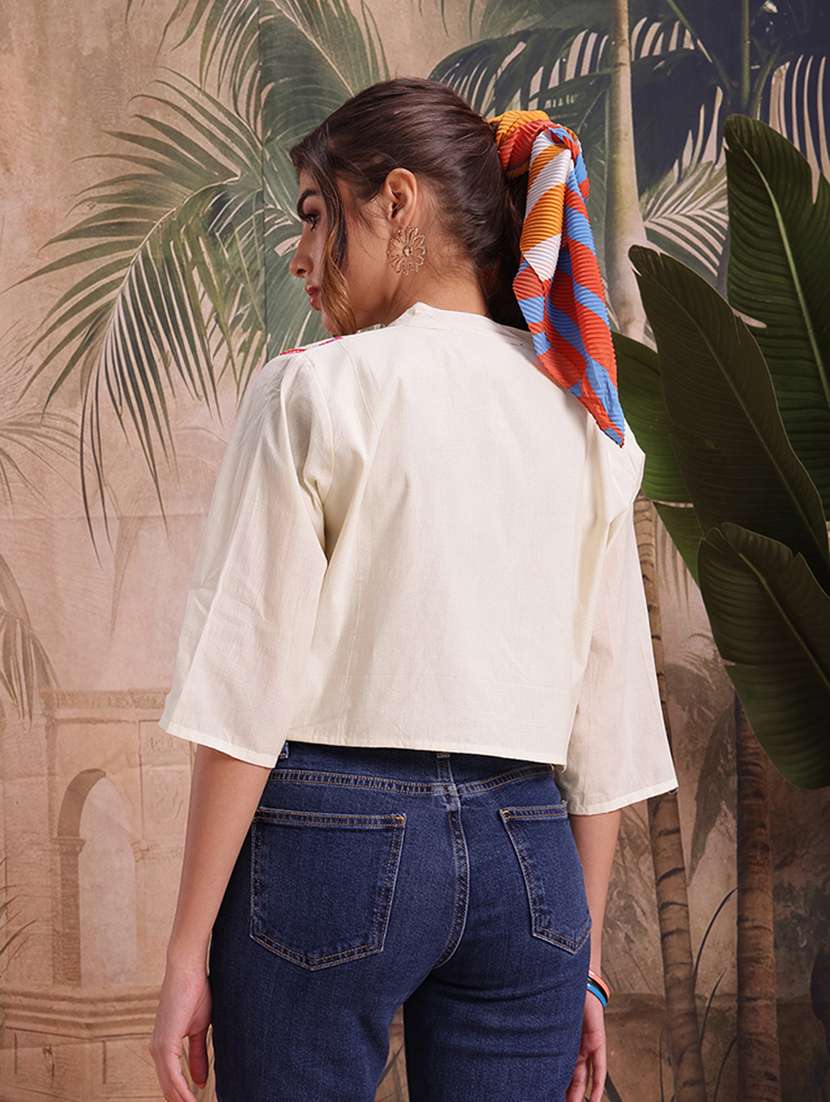 women self design cream cotton summer jacket - 22463333 -  Standard Image - 4