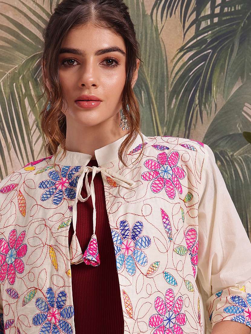 women self design cream cotton summer jacket - 22463334 -  Standard Image - 1