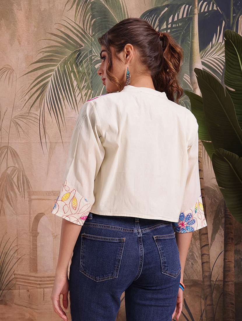 women self design cream cotton summer jacket - 22463334 -  Standard Image - 4
