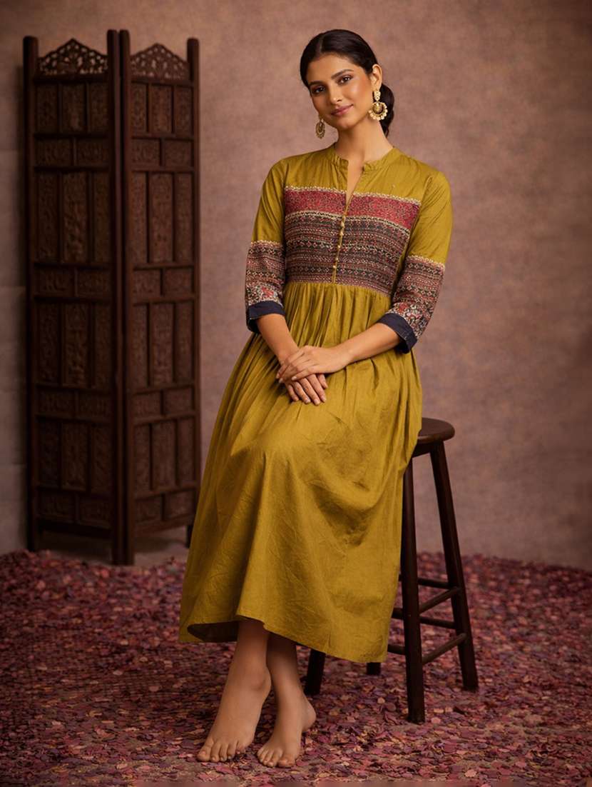women mustard cotton fit & flare dress - 22463335 -  Standard Image - 4