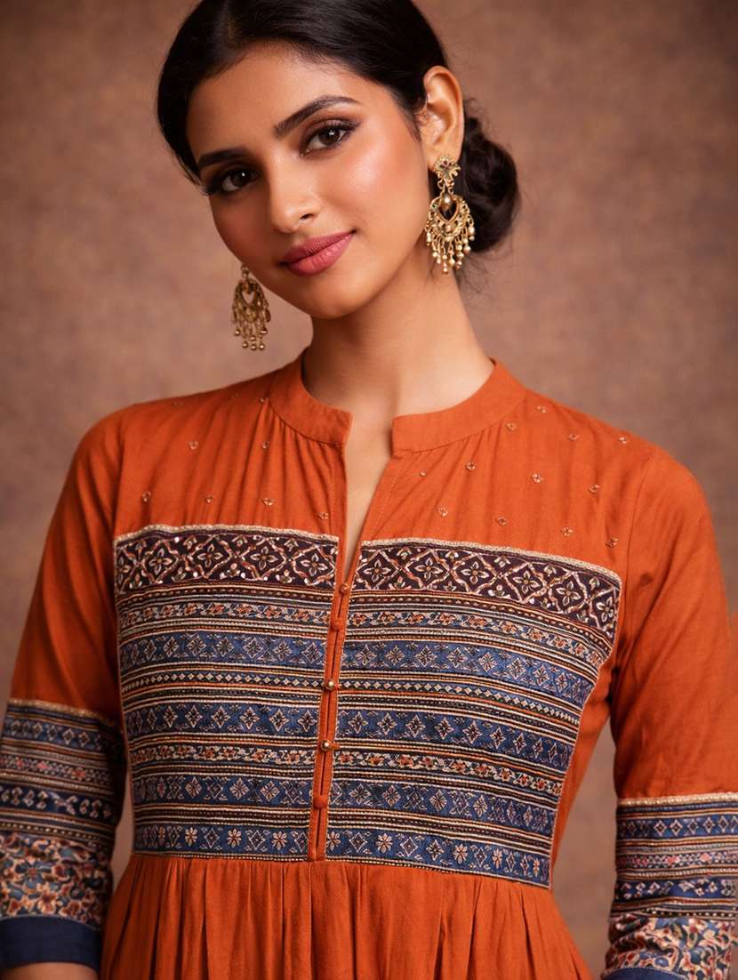 women orange cotton fit & flare dress - 22463336 -  Standard Image - 1