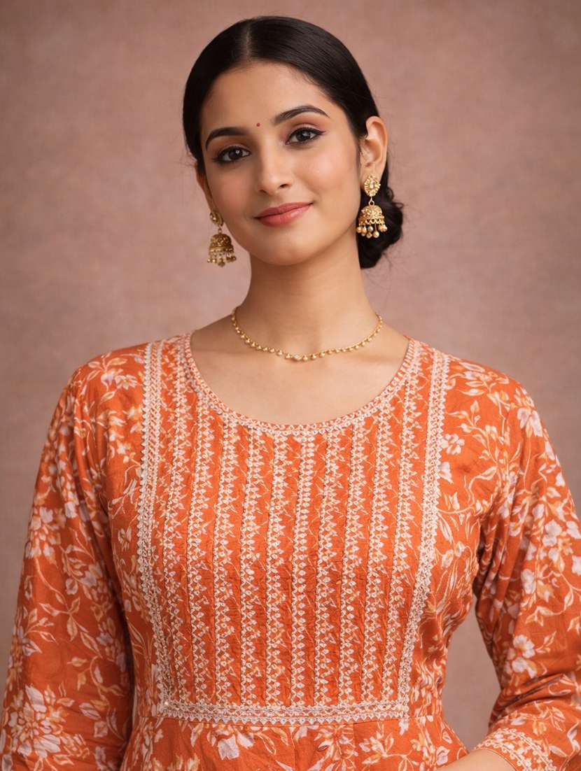 women orange cotton fit & flare dress - 22463339 -  Standard Image - 1