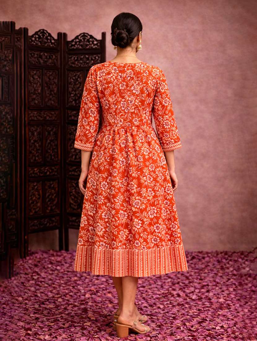 women orange cotton fit & flare dress - 22463339 -  Standard Image - 4