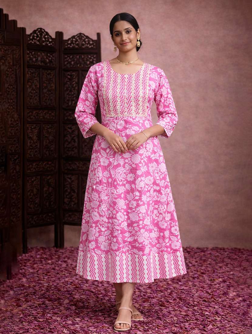 women pink cotton fit & flare dress