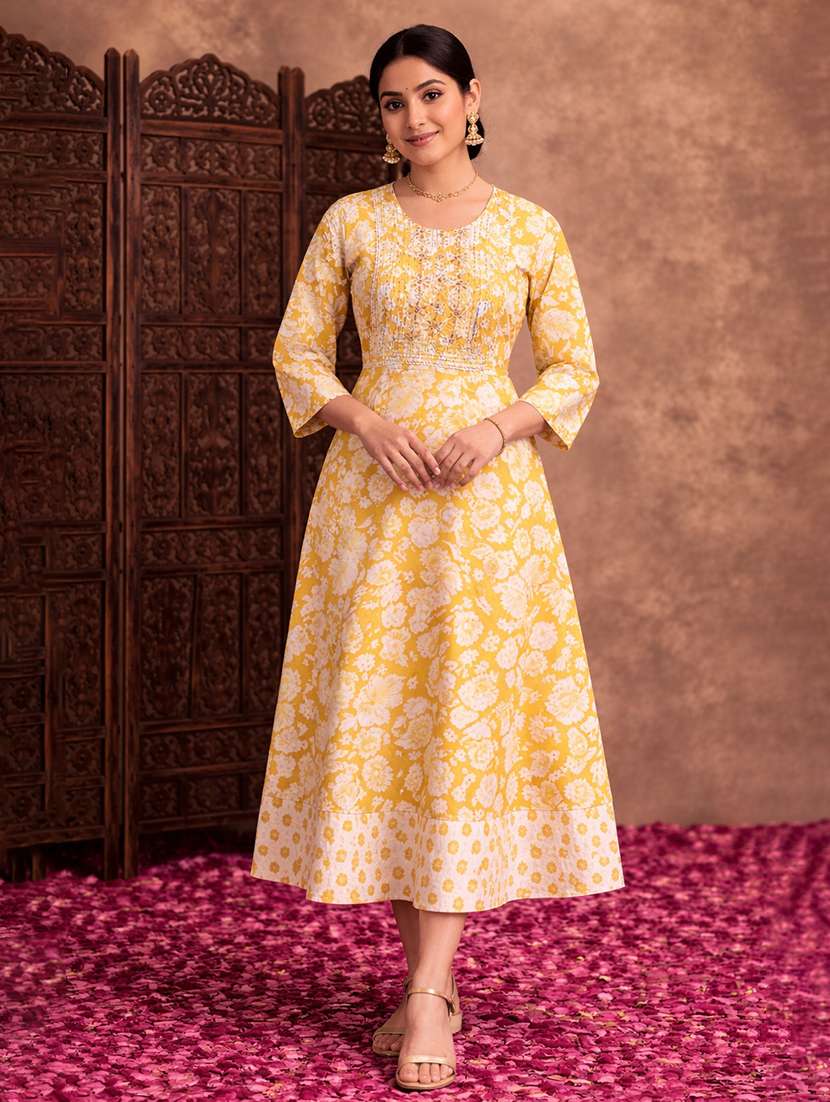 women yellow cotton fit & flare dress