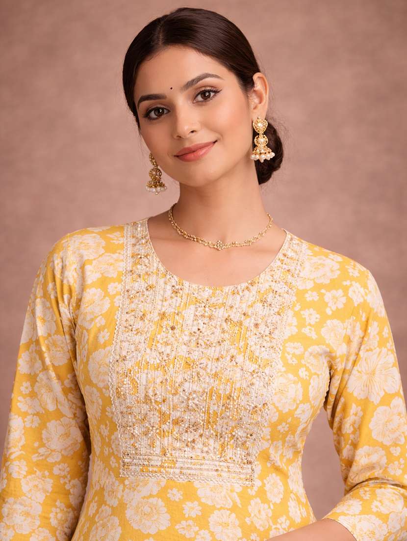 women yellow cotton fit & flare dress - 22463345 -  Standard Image - 1