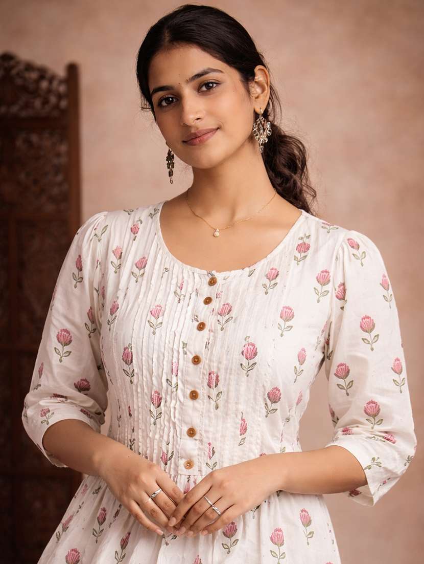 women cream cotton fit & flare dress - 22463348 -  Standard Image - 1