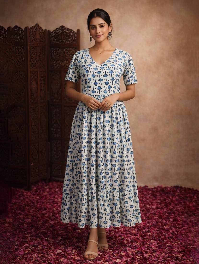 women cream cotton fit & flare dress