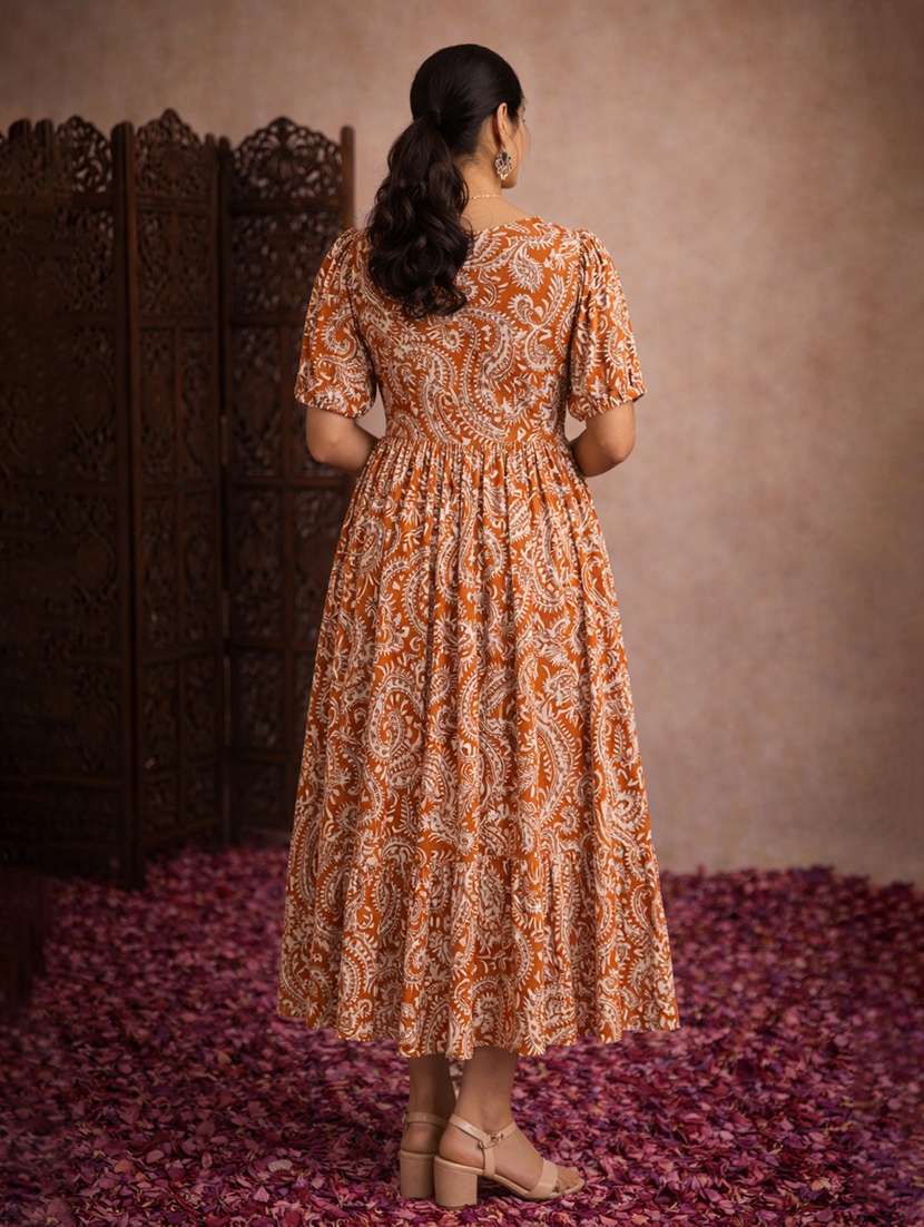 women orange cotton fit & flare dress - 22463355 -  Standard Image - 4