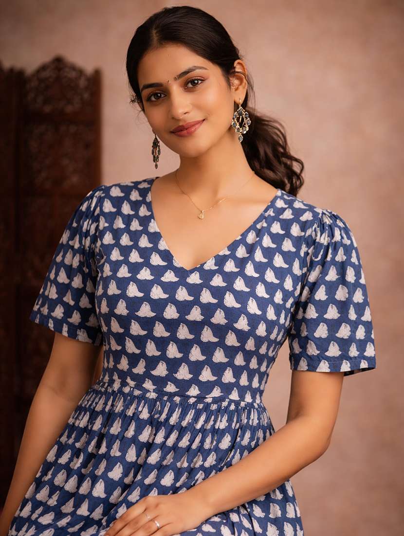women navy blue cotton fit & flare dress - 22463358 -  Standard Image - 1