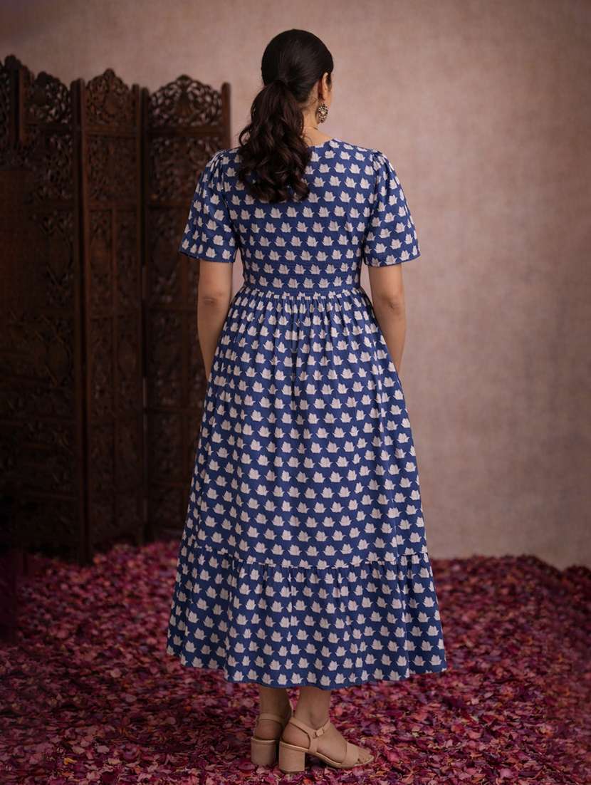 women navy blue cotton fit & flare dress - 22463358 -  Standard Image - 4