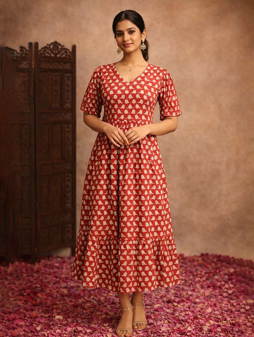 women orange cotton fit & flare dress