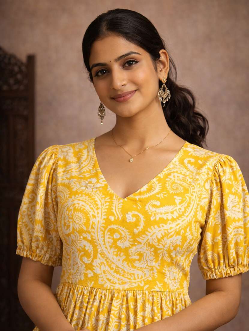 women yellow cotton fit & flare dress - 22463360 -  Standard Image - 1
