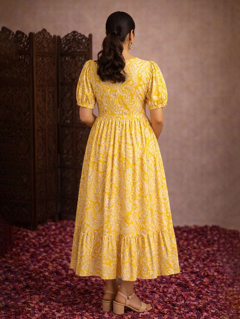 women yellow cotton fit & flare dress - 22463360 -  Standard Image - 4