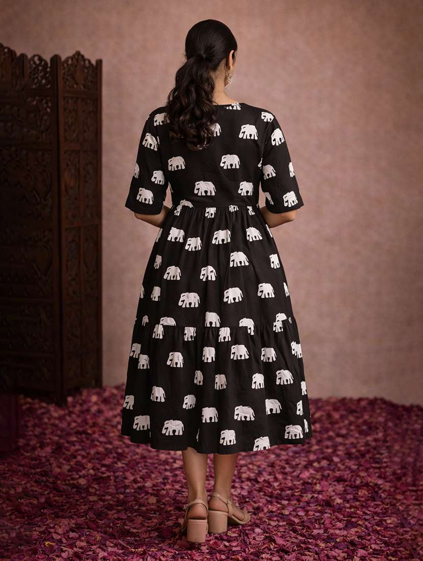 Printed Tiered Cotton Fit & Flare Dress - 22463364 -  Standard Image - 4