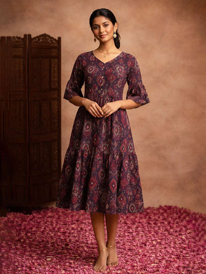 women navy blue cotton fit & flare dress