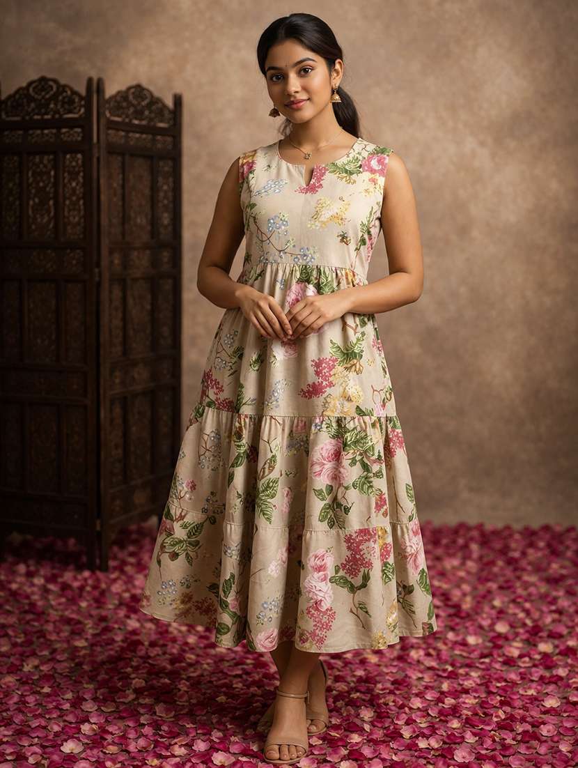 women beige cotton fit & flare dress