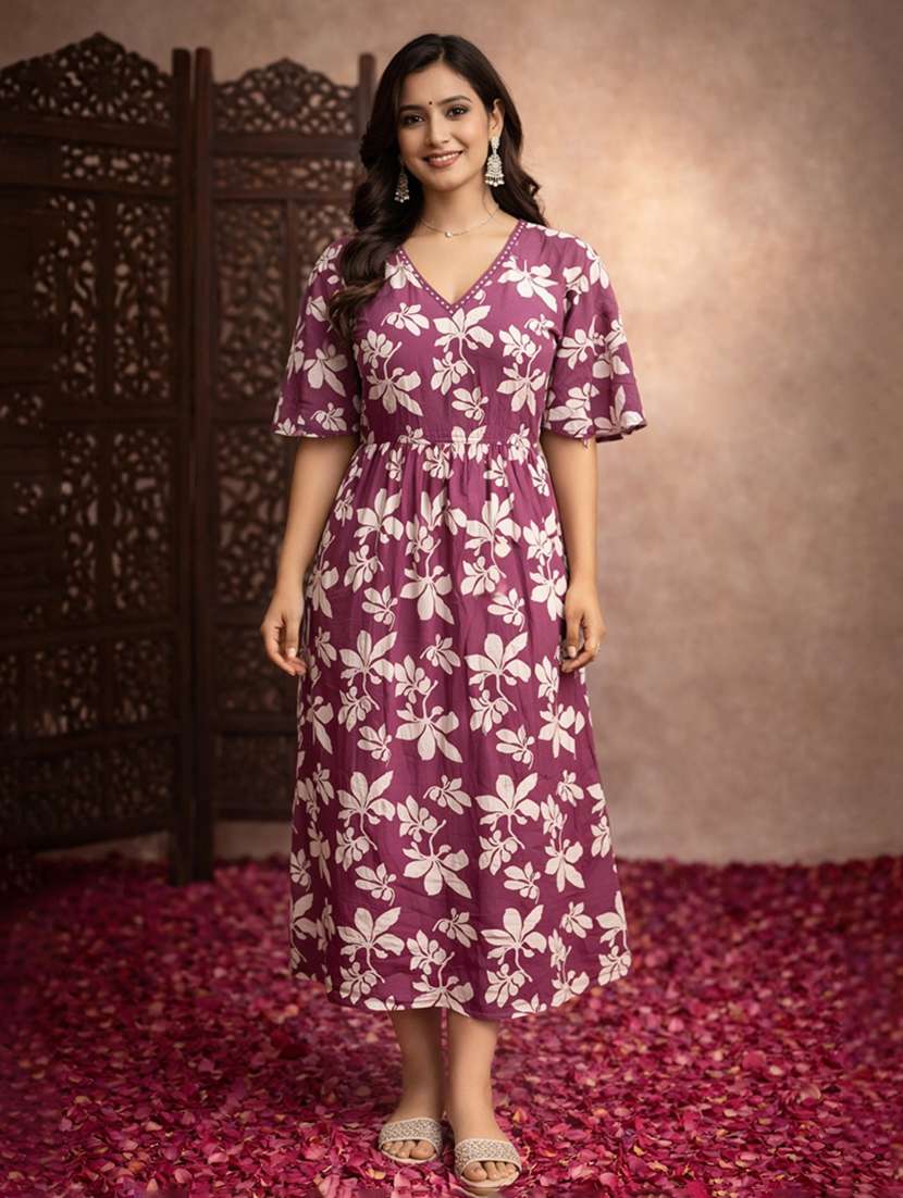 women purple cotton fit & flare dress