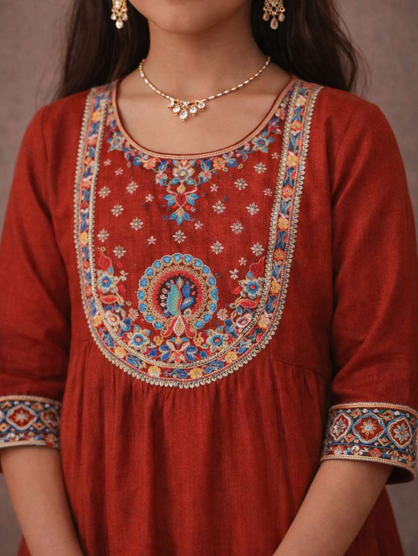 girls rust silk blend kurta pant set suit set - 22463417 -  Standard Image - 1