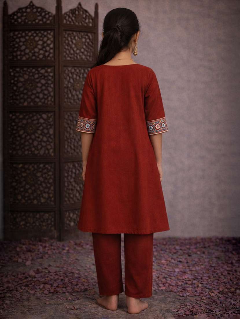 girls rust silk blend kurta pant set suit set - 22463417 -  Standard Image - 4