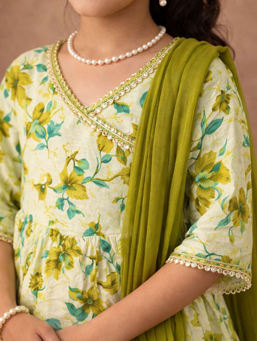 girls sea green cotton kurta sharara set suit set - 22463426 -  Standard Image - 1