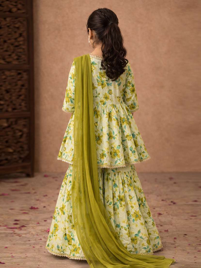 girls sea green cotton kurta sharara set suit set - 22463426 -  Standard Image - 4
