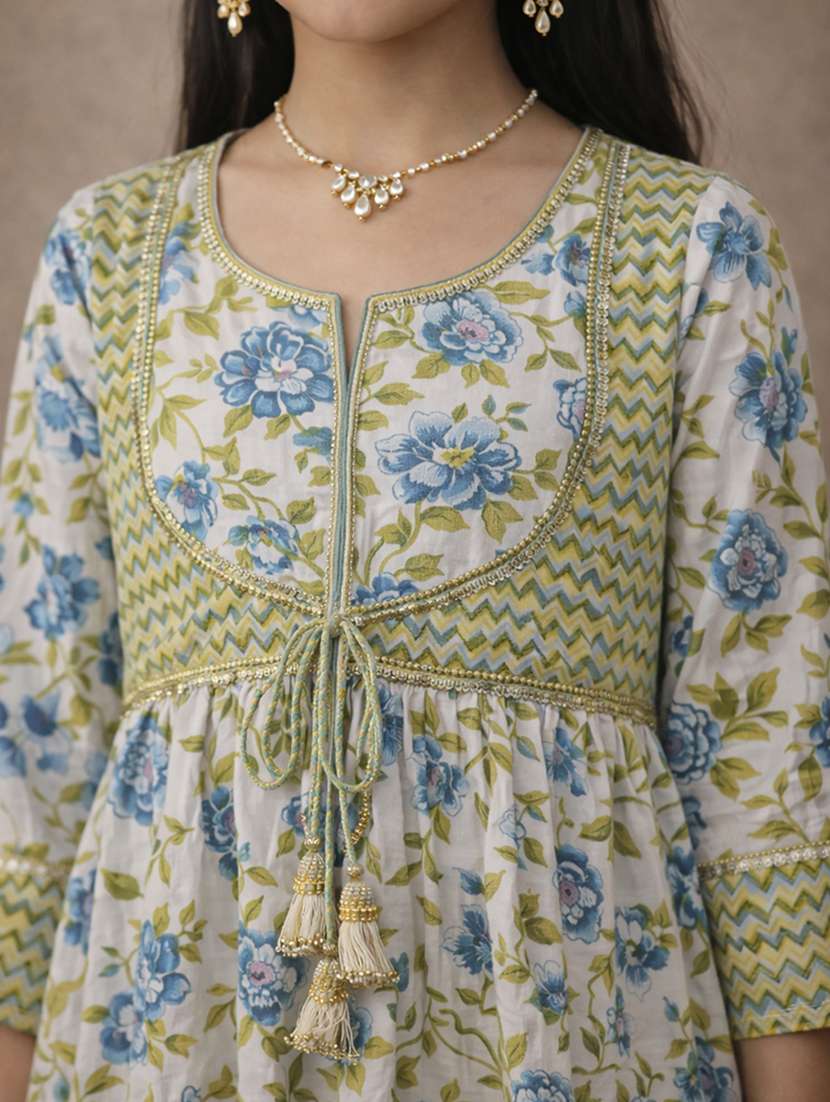 girl floral sea green cotton kurta sharara set suit set - 22463432 -  Standard Image - 1