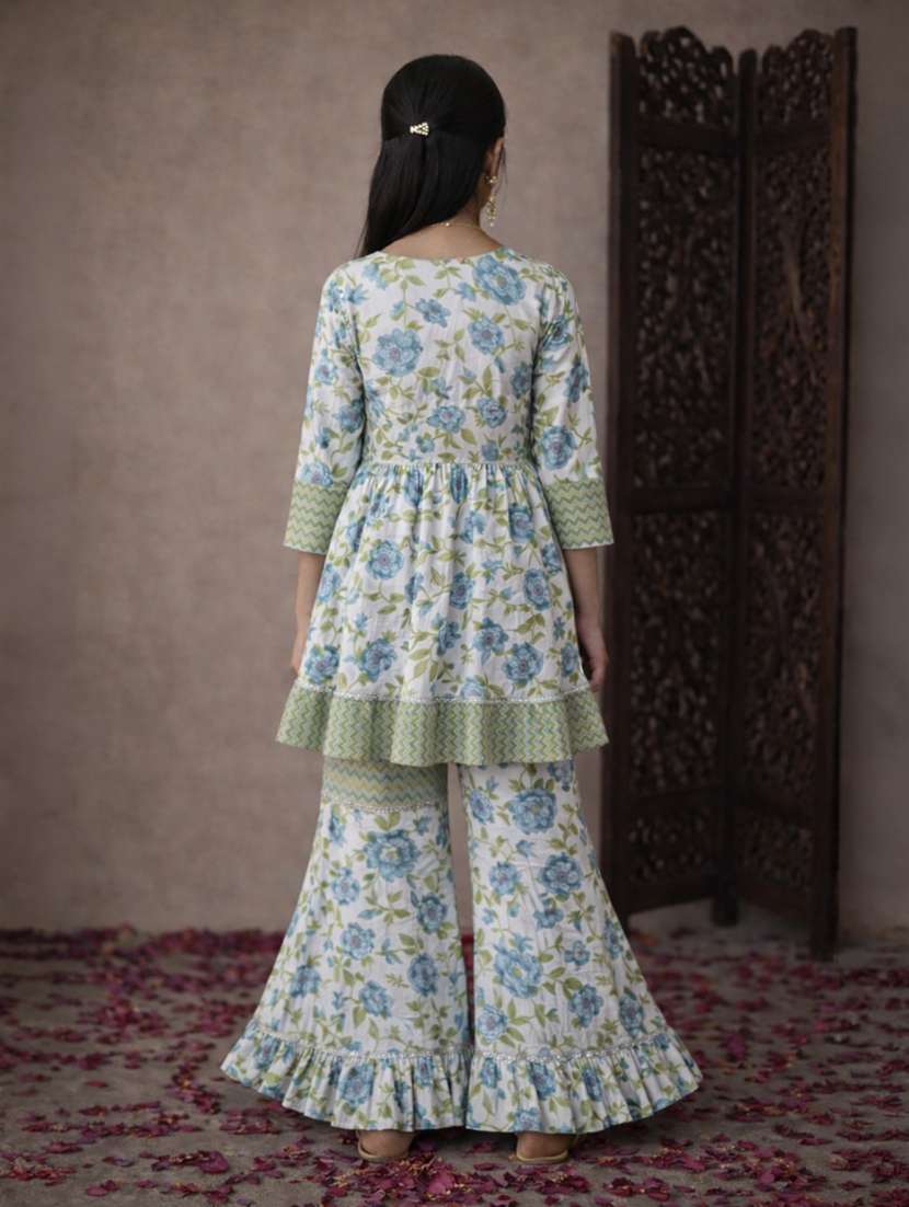 girl floral sea green cotton kurta sharara set suit set - 22463432 -  Standard Image - 4