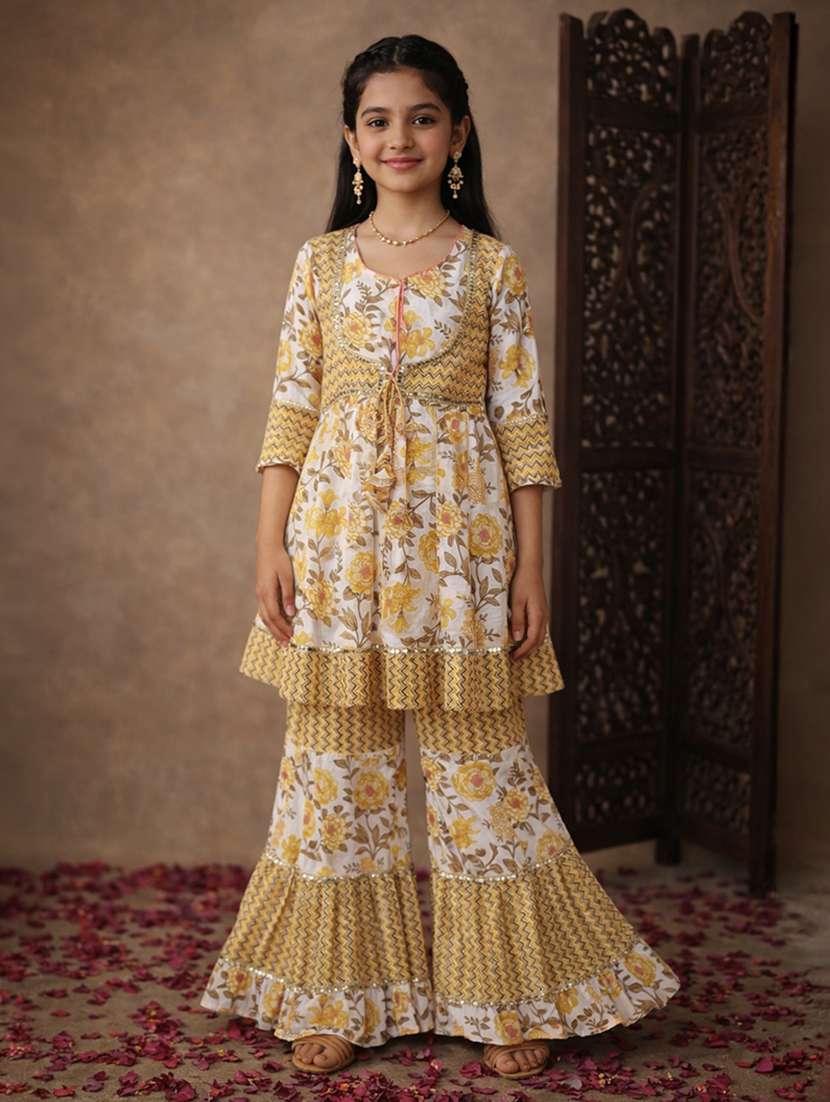 girl cream cotton kurta sharara set suit set