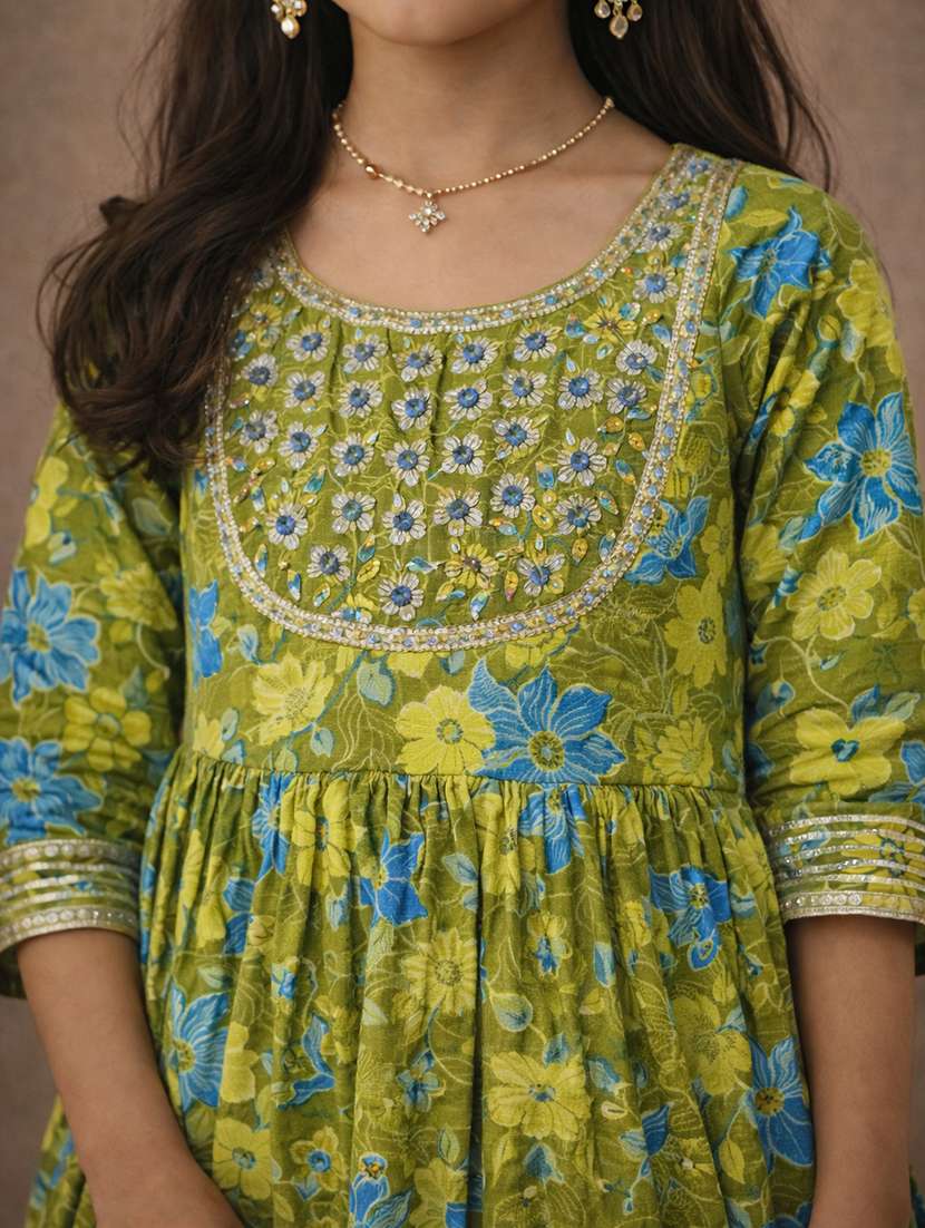 girls sea green cotton kurta sharara set suit set - 22463434 -  Standard Image - 1