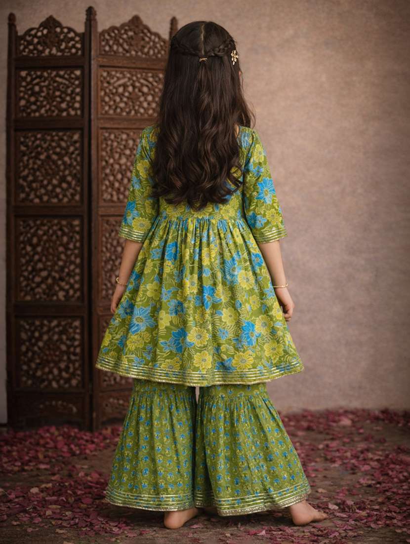 girls sea green cotton kurta sharara set suit set - 22463434 -  Standard Image - 4