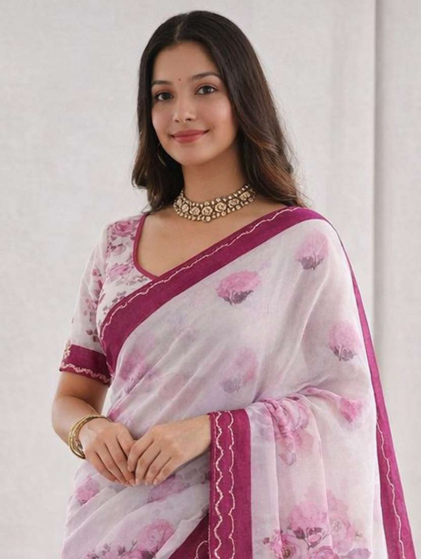 Women Floral Printed Bordered Saree With Blouse - 22463454 -  Standard Image - 1