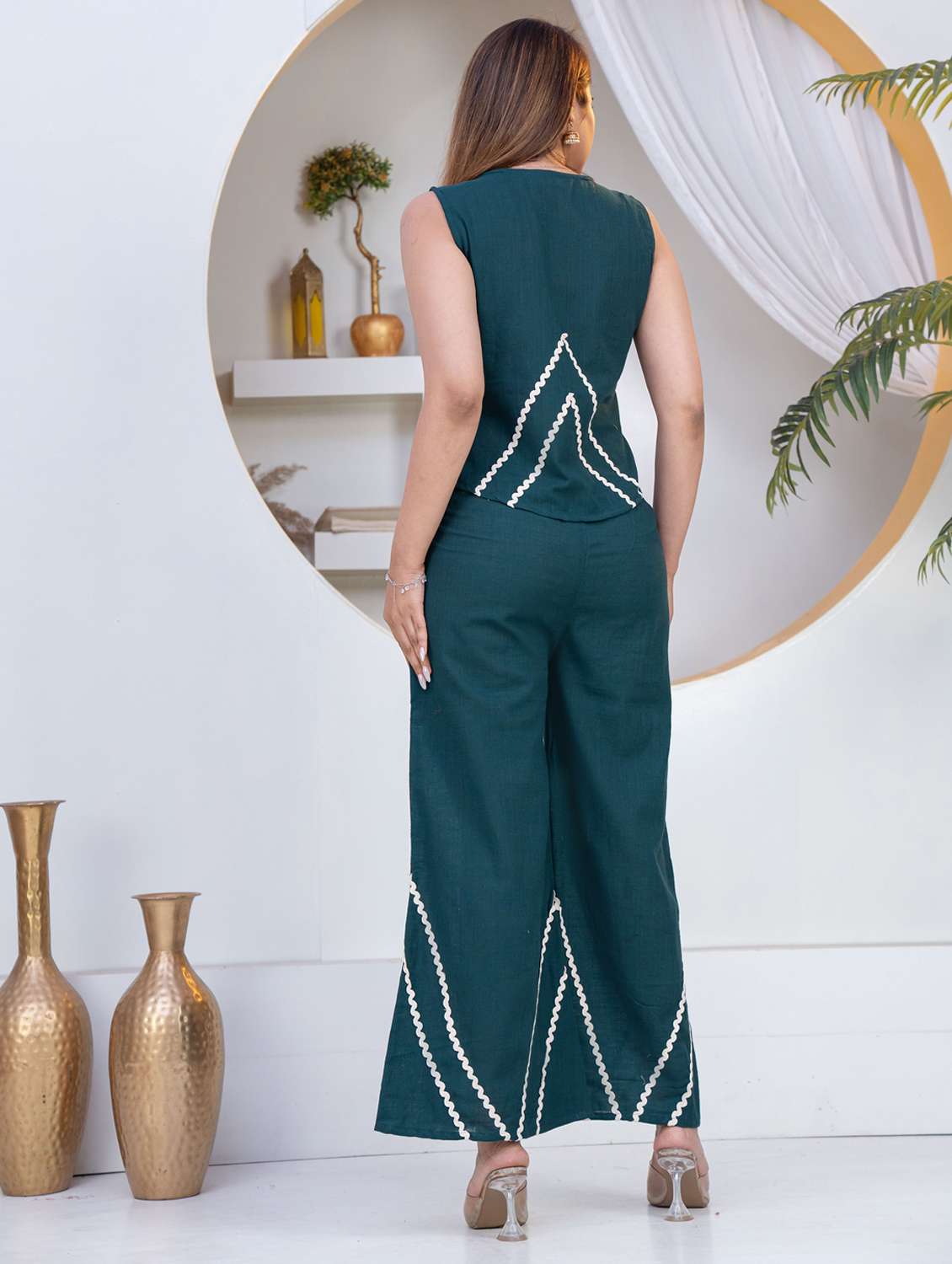 women teal cotton top and trouser set - 22463461 -  Standard Image - 4