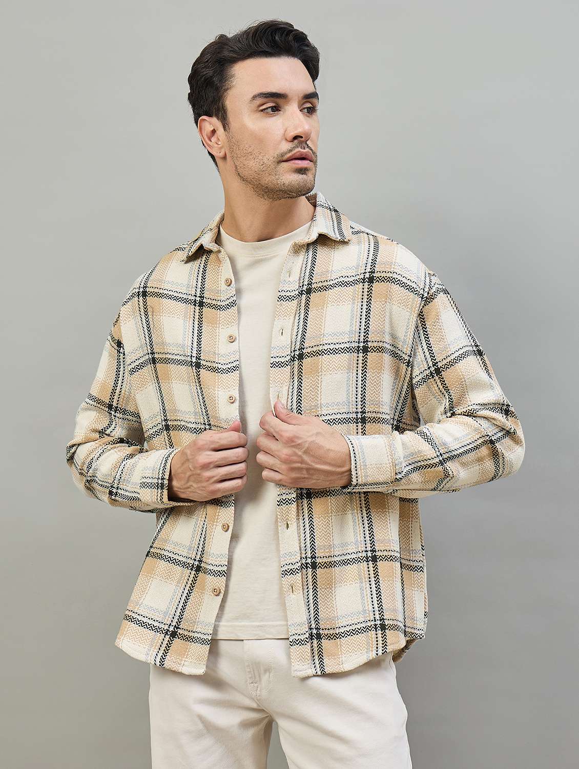men checkered long sleeve oversized casual shirt