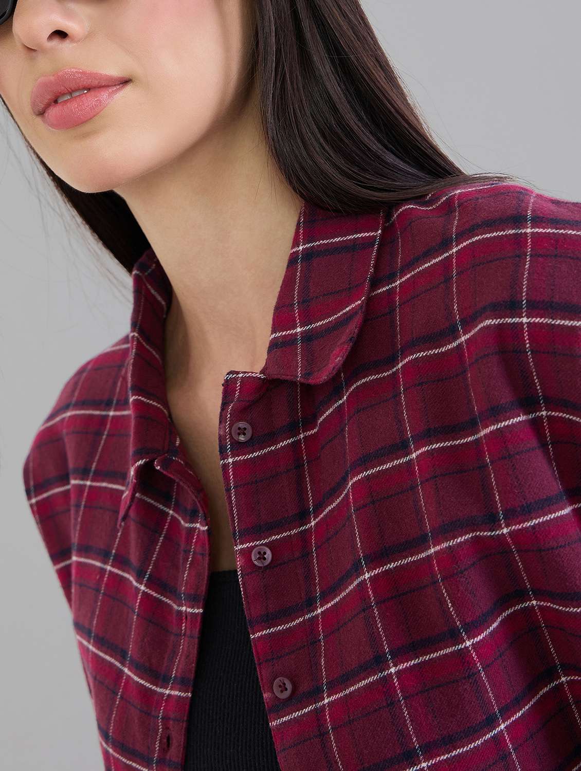 women checks burgundy cotton crop shirt - 22463548 -  Standard Image - 1