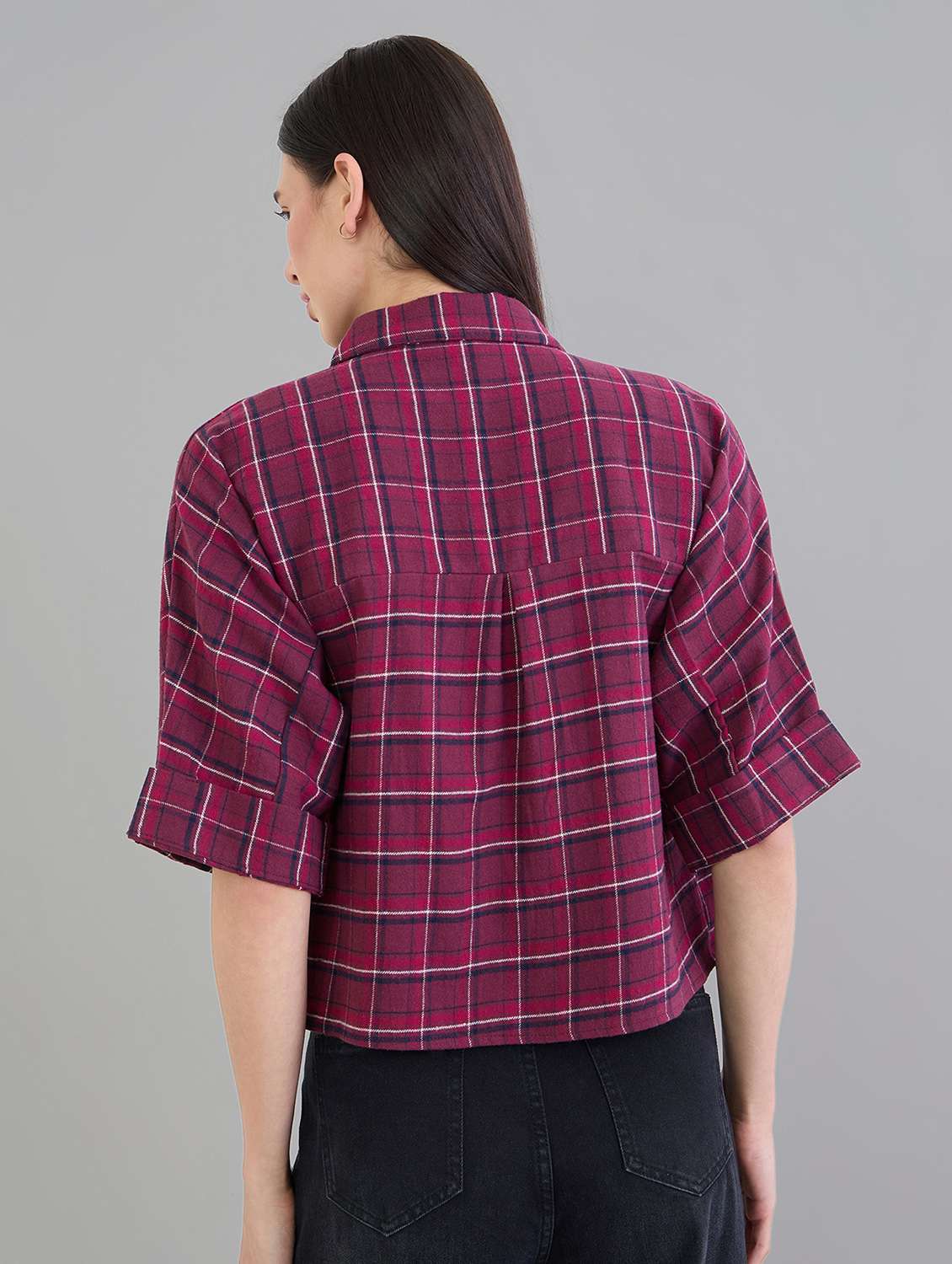 women checks burgundy cotton crop shirt - 22463548 -  Standard Image - 4
