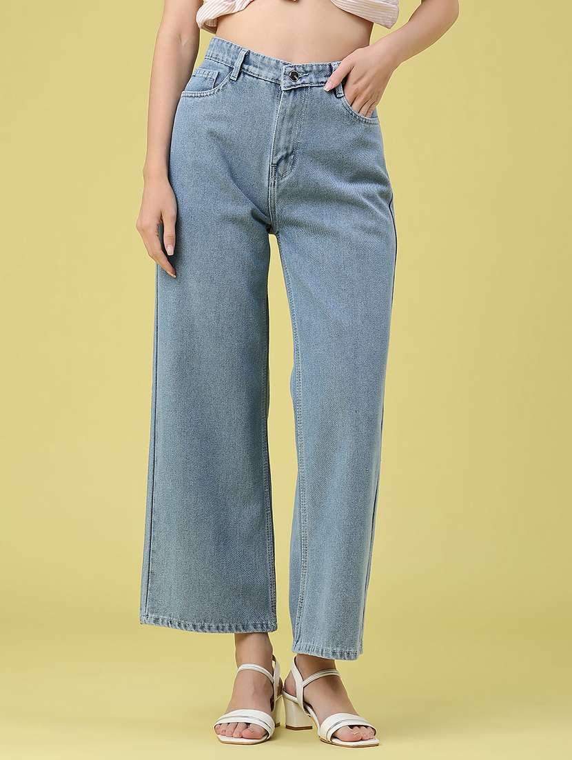 women solid high rise wide leg jeans