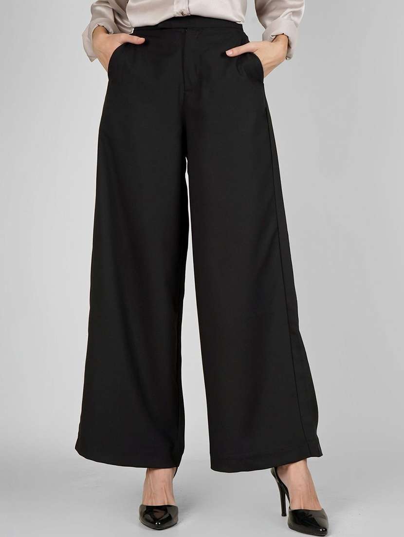women black polyester wide leg trouser